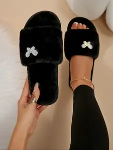 Women's New Faux Fur Home Slippers, Fashion Design with Rhinestone Butterfly Decor, Soft Plush, One-Piece Easy Wear, Fall & Winter Comfort