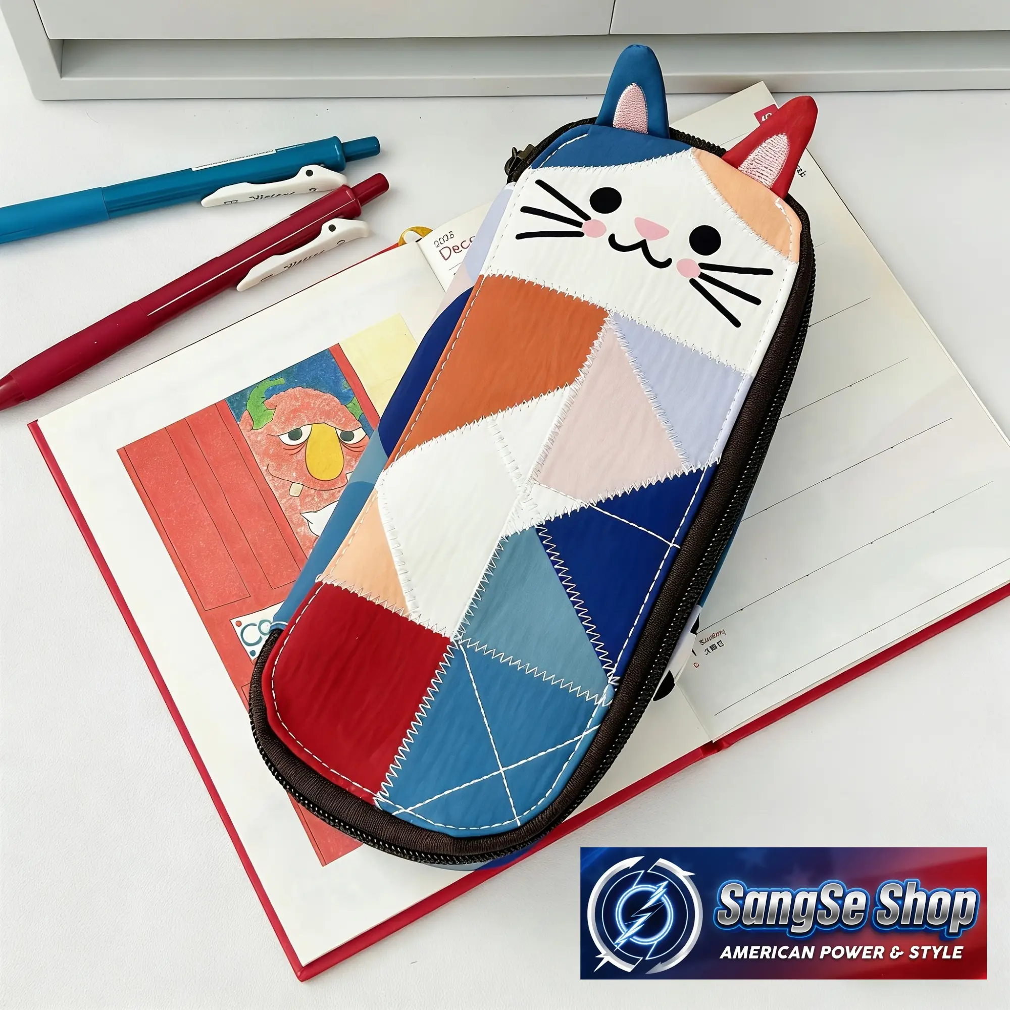 Cute 3D Cat-Shaped Pencil Case for Girls, Patchwork Stationery Organizer, Portable for School & Travel