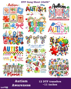 Autism Awareness DTF Gang Sheet: 12 Ready To Press Transfers - 23x56, Hot Peel, Full-Color Printing, Same/Next Day Shipping Faux Yarn Gansheet