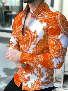 Men's Vintage Floral Print Long Sleeve Fitted Shirt, Deep Blue Gold Pattern Design, Fashion Casual Top, Elegant Trendy Men's Clothing