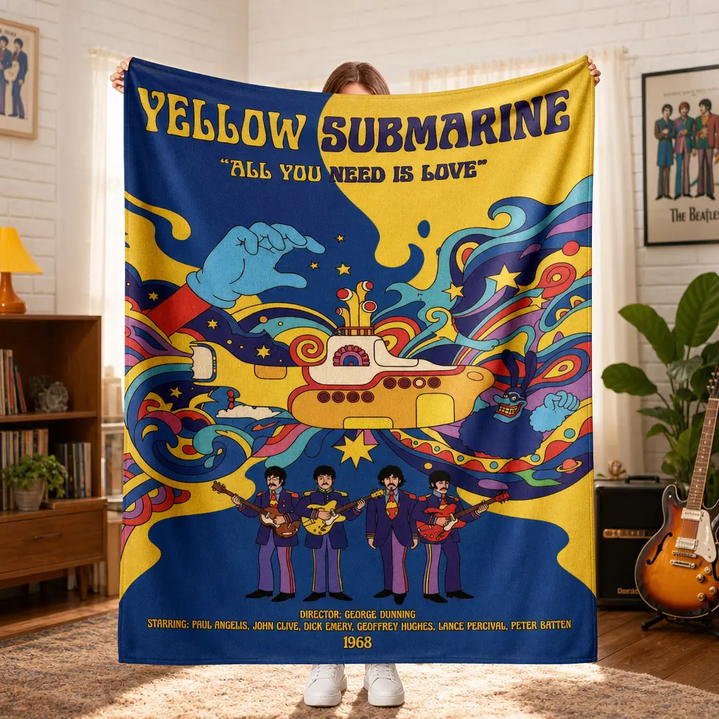 Yellow Submarine Inspired Psychedelic Music Art Flannel Throw Blanket, Ultra Soft Breathable Cozy, Home Decor for Living Room Sofa Bed, Ideal Christmas Birthday Gift