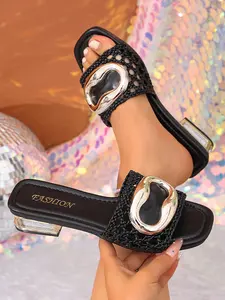 Women's Summer New Square Toe Chunky Heel Fashionable Heeled Sandals, Breathable Mesh Backstrap Design, Fashion Sparkle Thick Sole, Slip-On Comfort, Perfect for Daily & Vacation Wear.