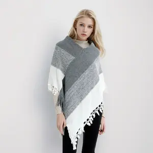 Comfortable Contrast Color Knitted Shawl with Tassel - Soft Polyester Scarf, Striped Design, Khaki, Gray, White, Beige, Red, Blue, Black, Machine Washable, Perfect for Casual & Fashion Clothing