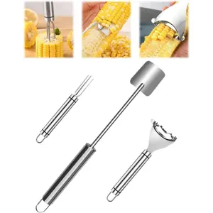 3PCS Corn Peeler Set – Stainless Steel Corn Stripper Tool with Cutter, Planer & Holder – Quickly Remove Kernels from Corn on the Cob – Dishwasher Safe, Easy Grip Handle, for Home & BBQ