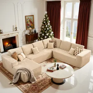 POUUIN 133" Boneless U-Shaped Modular Upholstered Sofa - Modern Comfy Couch, High-Resiliency Foam Deep Seats, Plush Corduroy Pet-Friendly Fabric, Wide Armrests, Removable Cushions, No-Assembly Large Living Room Furniture, Upholstered Sofas