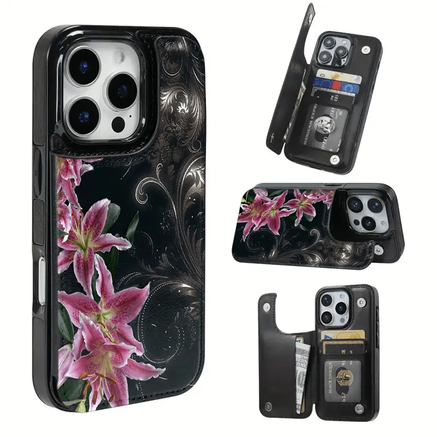 Phone Case - Purple Lily, with luxurious micro-grain background texture card bag phone case, compatible with iPhone 17 Pro Max/Air/16/15/14/13/12/11 series, Samsung S22/S23/S24/25 series, great gift