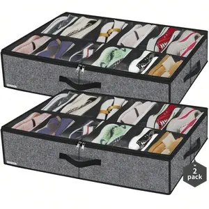 2 Pack Sturdy Under Bed Shoe Storage Organizers, Fit Total 24 Pairs, Large Underbed Closet Shoes Box Container Bag With Clear Cover, Breathable, 29.3x23.6x5.9 Inches