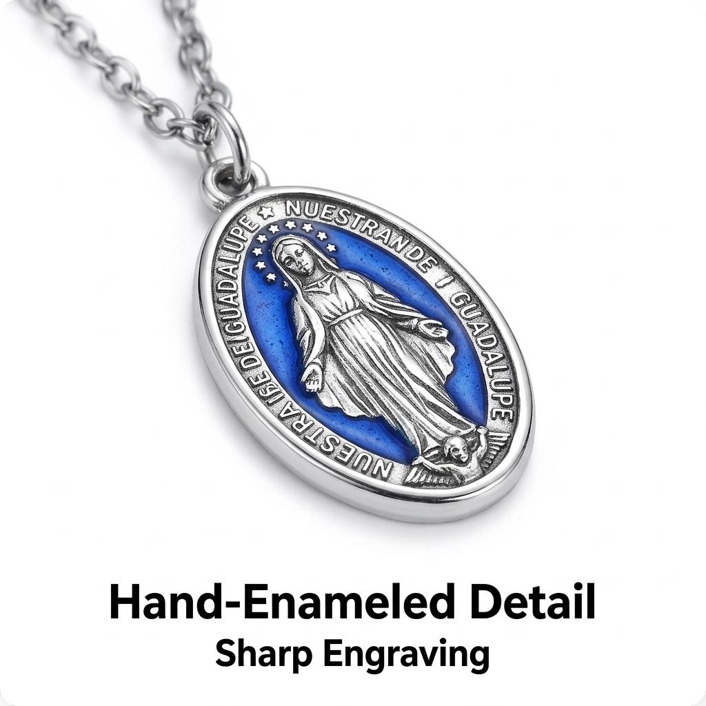 Virgin Mary Necklace Blue Enamel Craft Pendant Necklace