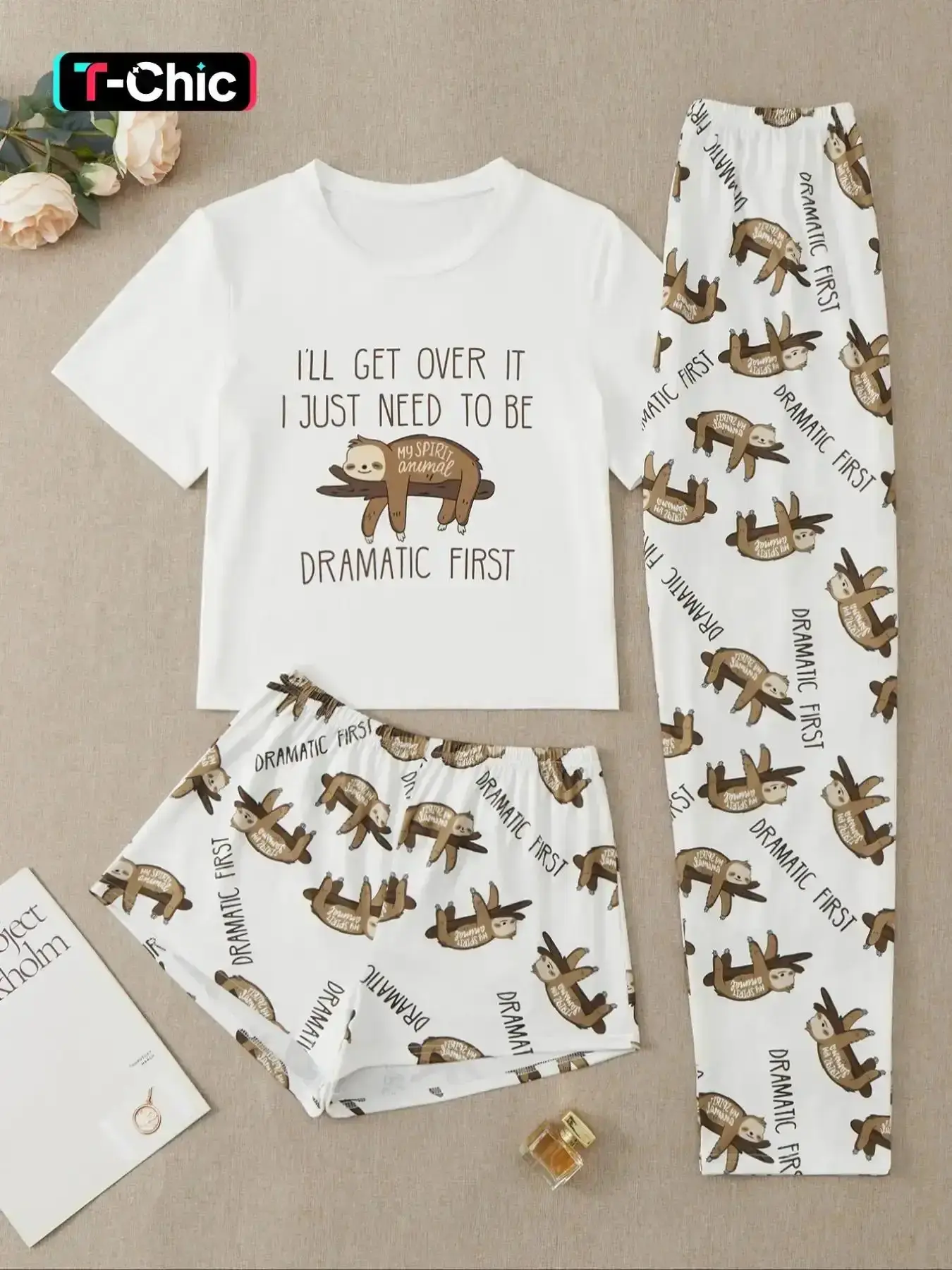 Three-Piece Set Women's Cute Cartoon Sloth Print Tee & Shorts Pants Pyjama Set, Casual Comfy Crew Neck T-Shirt & Shorts Trousers PJ Set, Summer Clothes Women, Summer Outfits 2026, Pajamas Lounge Set, Casual Homewear