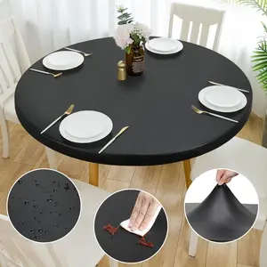 Double Fitted Design PU Round Fitted Tablecloth, Anti- Wipeable Elastic Round Tablecloth, Soft- Fitted Table Cloth,  Oil-Proof Table Cover (Black, 53"-56" Round)
