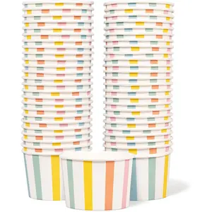 Paper Ice Cream Cups, 50-Count 9-Oz Disposable Dessert, Snack Bowls for Hot or Cold , 9-Ounce Party Supplies  Cups for Sundae, Frozen Yogurt, Soup, Pastel Stripes