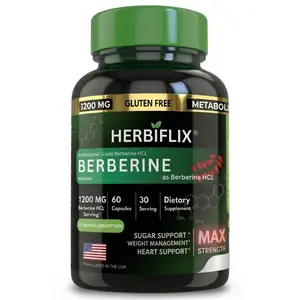 Herbiflix High-Potency Berberine HCL - 1200mg (60 Capsules) - Metabolic & Sugar Support Non Gmo Supplement Herbal Supplement