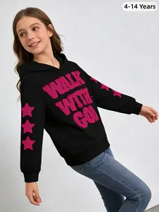 Girls' Star Print Hoodie, Fashionable Casual Long Sleeve Top, Geometric Pattern, Fitted H-Type, Spring & Fall Winter Wear,  Fitted Letter Pattern, Versatile Sweatshirt for Kids, All Seasons Wear, Graphic Casual Hoodie