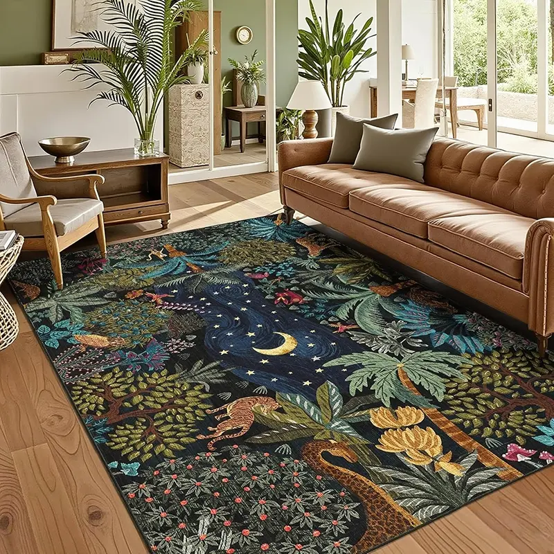 Bohemian Style Home Decor Living Room Carpet, Forest Animal Tiger Print Design, Non-Slip Washable Large Boho Decorative Area Rug, Soft Comfortable Sofa Bedroom Mat