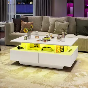 LED Coffee Table, Modern Center Tables with Storage for Living Room, White LED Coffee Table, Modern Center Tables with Storage for Living Room, White