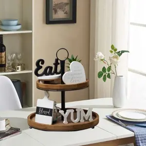 GENMOUS Farmhouse Kitchen Tiered Tray Decor Set - Handmade Mini Signs for Home Decoration - Light, Gift