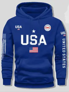 Men's Usa Flag Print Hoodie Sweatshirts, Tops, Fitted Casual Knit Knitted Fabric Pullover, United States Letter Printed, Fall Winter Fashion, Unisex Student Wear, Long Sleeve