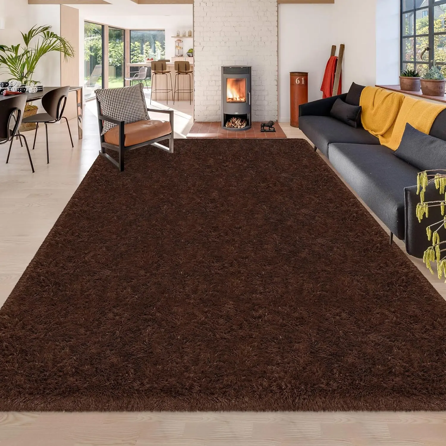 6x9 Ft Brown Minimalist High Pile Area Rug - Fuzzy Fiber Washable Soft Shaggy Carpet, Non-Slip No-Shedding for Bedroom, Nursery, Home Interior, Cozy Warmth for Kids Teens Christmas Decor