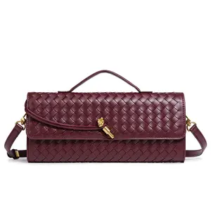Women's Woven Crossbody Bag, Fashion Horizontal Long Shoulder Bag, Accordion Multi-Compartment Handheld Clutch for Daily Use