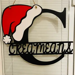 Personalized  Christmas monogram door sign with Santa hat | monogram door hanger with Santa Hat