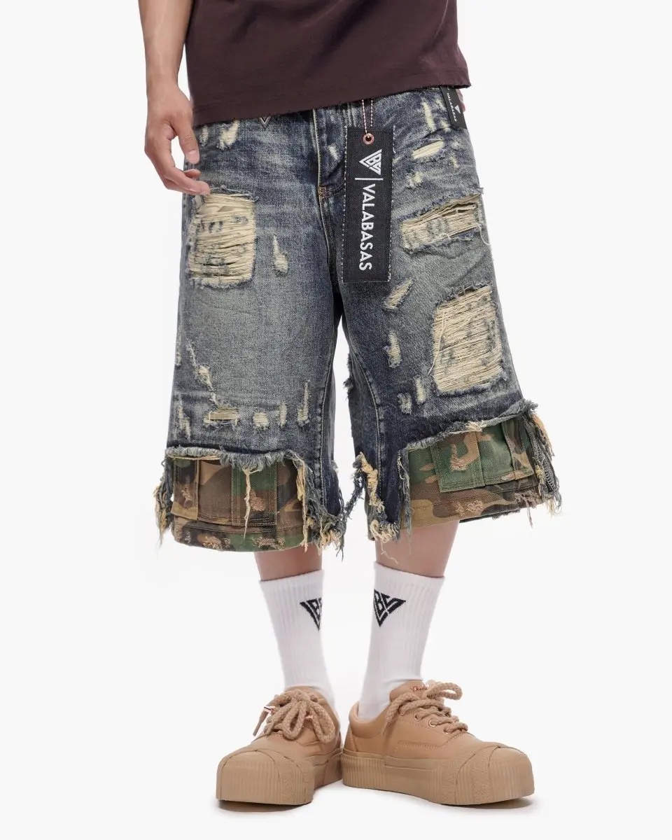 Menswear Men's Ripped & Distressed Layered Jean Shorts - 5-Pocket, Raw Hem, 100% Cotton Dark Blue Wash Denim Bottoms, Cotton Fabric, Cotton Denim