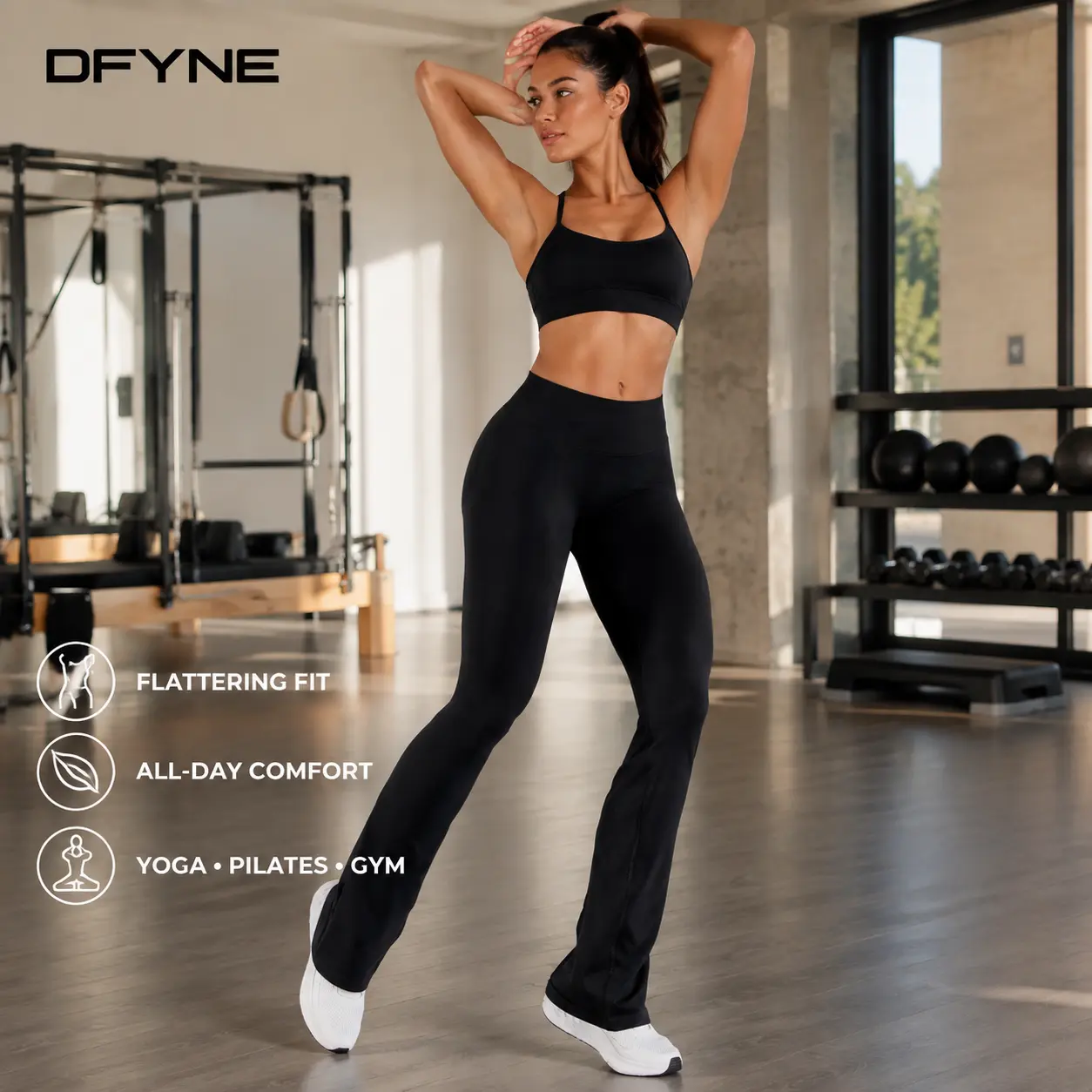 【Viral Activewear】With Logo Dfyne Women’s Flared Yoga Pants, Full Length High Waisted Leggings with Shaped Rear Seams and Fitted Thighs for Workout, Walking, Studio and Everyday Wear