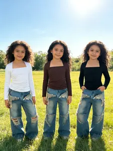 3-piece set of girls' solid color square neck long sleeved top, fashionable and simple, Fitted Silhouette, comfortable, breathable and skin friendly, long sleeved base shirt, machine washable and dry cleanable, girls' clothing, Square Neck Design