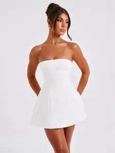 Women's Plain Backless Tube Dress, Solid Zipper Back Strapless A Line Short Dress for Party Club Dating Wear, Ladies Spring & Fall Clothes