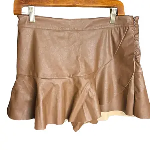 Brown Faux Leather Skort with Ruffle Detail for Women - Fall Time - Skirt Skort