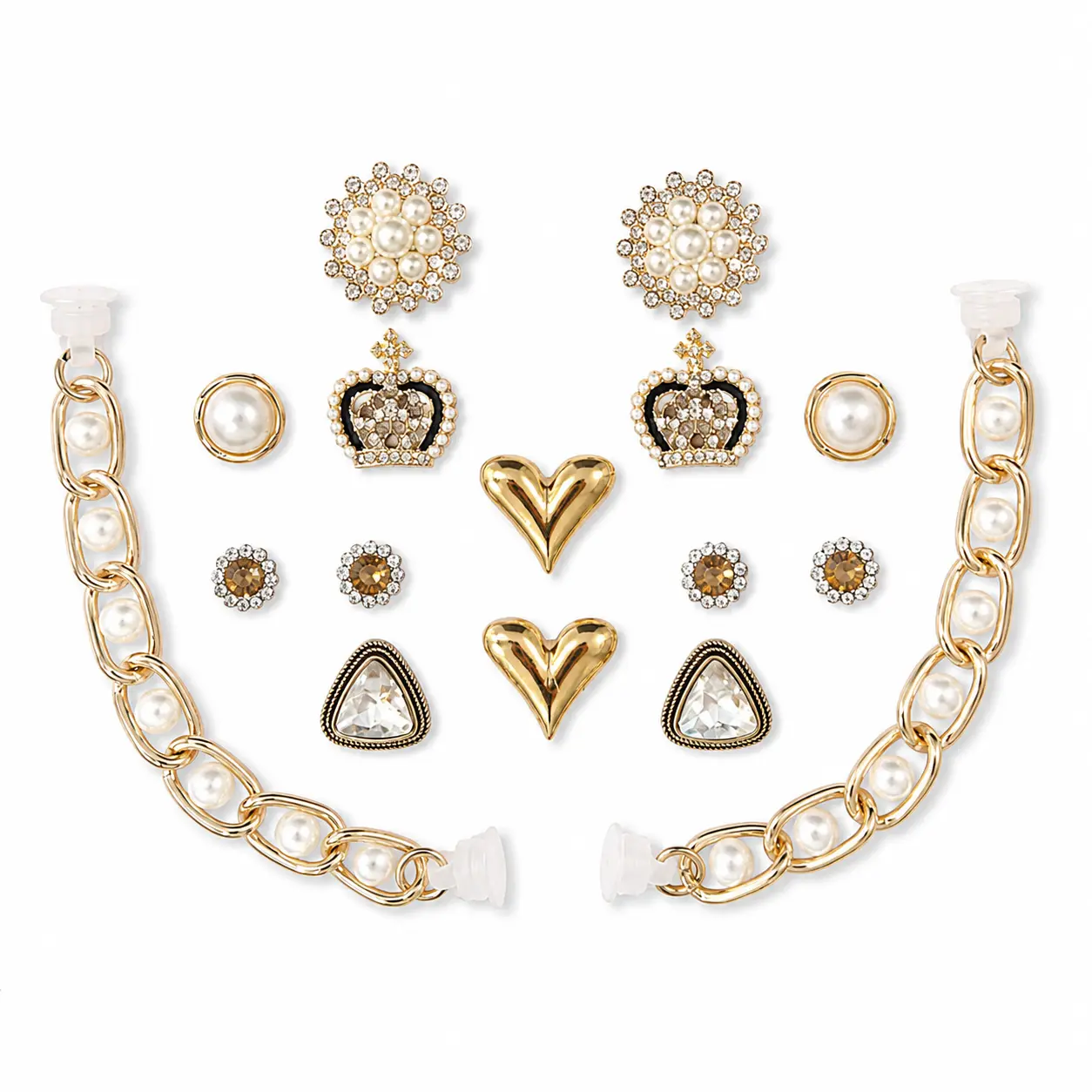 16PCS Gold Pearl Shoe Charms Set for Clogs, Rhinestone Crown, Heart, Floral and Crystal Charms with 2 Pearl Chain Decorations, Elegant Shoe Accessories for Women