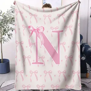 Pink Bow Letter Pattern Blanket, Suitable for Use All Year Round, Suitable for Beds, Sofas, Cars, Room Decorations, and Gifts, Suitable for Children and Adults, Soft Blanket