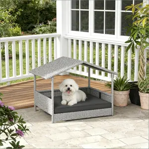 Outdoor Rattan Dog Bed with Canopy - Waterproof Beds for Small/Medium Dogs, Breathable Elevated Design with Cushion, Ideal for Patio & Backyard