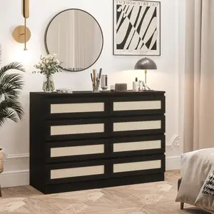 Rattan 8 Drawer Wood Dresser Multi Purpose Chest Of Drawers For Bedroom Living Room Entryway Tv Stand With Wide Tabletop Smooth Metal Rails Anti Tip Safety Durable Elegant Design Black