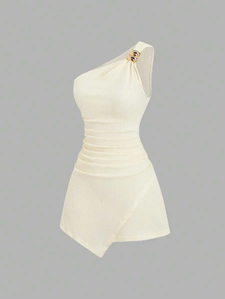 AMBER Y2K Asymmetric Neck Textured Fabric Pleated Buttoned Versatile Elegant Commuter Dress