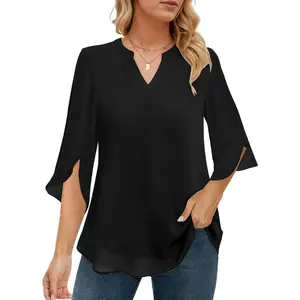 Chiffon Blouses 3/4 Split Sleeve V Neck Elegant Women Summer Office Work Tops