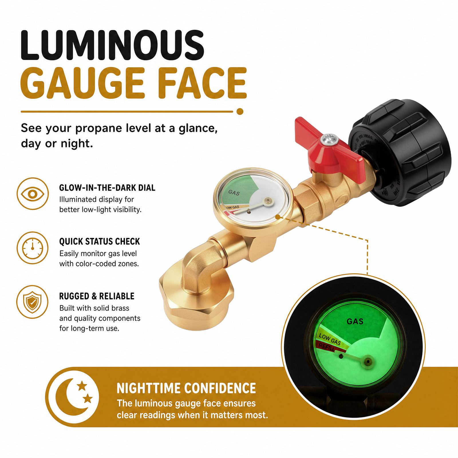 GJANSH Propane Refill Adapter with Valve & Gauge, Gas Cylinder Filling Connector with Glow In The Dark Meter, Snapfixmate Ball Valve Gas Tank Gas Connector, Gas Cylinder Accessories, Christmas gifts, toolupgrade