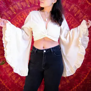 Cotton Bell Sleeve Wrap Top - Boho Tie Top with Flare Sleeves, Free Spirit Style, Plus Size, 90s Retro Fashion, Handmade Cotton