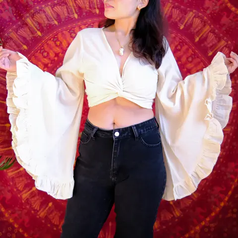 Women's Handmade Cotton Minimalist Wrap Top - Semi Sheer, Breathable, Lightweight, Ruffle Bell Long Sleeves, Fitted Tie, Bohemian 90s Retro Free Spirit Style, Plus Size, Beach Wear, Cute Tops for Women