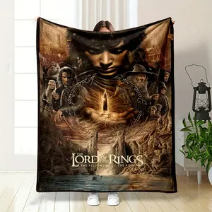 Lord of the Rings The Fellowship of the Ring Themed Blanket, Restoring the Classic Group Portrait Poster of the Movie. Frodo, Gandalf, Aragorn and Other Characters Gather Together, With the Statu