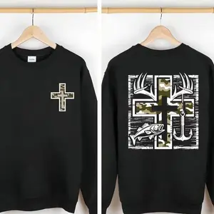 Southern Charm Fishing 2 Sided Sweatshirt, Camo Cross Antlers And Bass Shirt, Faithful Adventure Crew Neck, Unisex Cotton Clothing