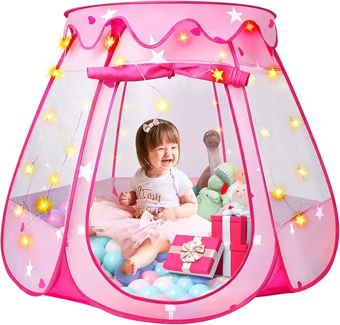 Princess Play Tent for Girls Kids Pop Up Playhouse Tent with Star Lights Indoor Outdoor Toddler Play Tent Ball Pit Tent for Babies & Kids Easy Setup Birthday Gift for Girls Balls Not Included
