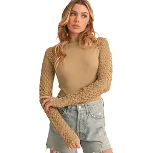 Aemi+Co Mock Neck Ribbed Knit Top with Crochet Sleeve
