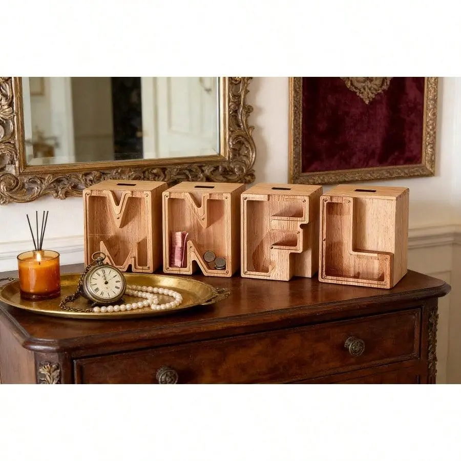 Wooden Letter Piggy Bank for Kids Boys Girls Large 26 Alphabet Large-Capacity Transparent Wooden Alphabet Money Bank Personalized Custom Name Transparent Saving Coin Bank, Perfect Christmas,Birthday Gift for kids Adults and Home Decoration
