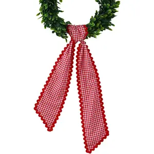 Wreath Sash for Front Door,Canvas RIC Rac Trim Wreath Accessories for Yard Doorway Indoor Outdoor Bridal Shower Xmas Home (Red Gingham-Red Trim)