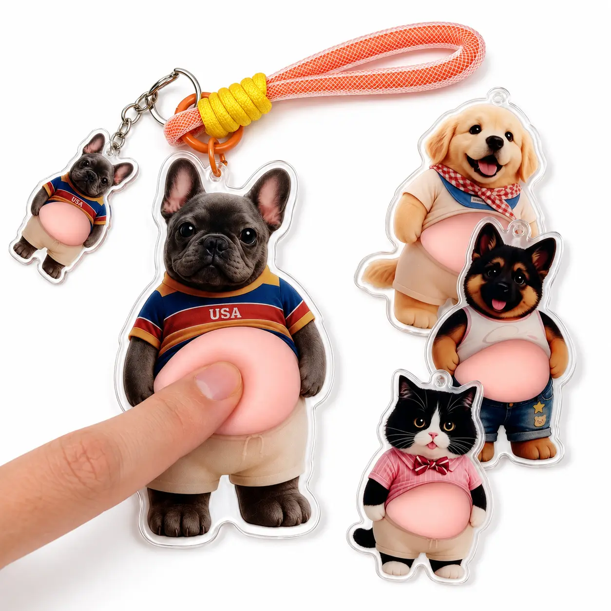 2PCS Matching Dog or Cat Belly Squishy Keychain Set, 1 Large + 1 Mini, Soft Squeeze Stress Relief Fidget Toys, Cute Animal Bag Charms, Backpack Pendants, Sensory Gifts for Kids, Teens & Adults