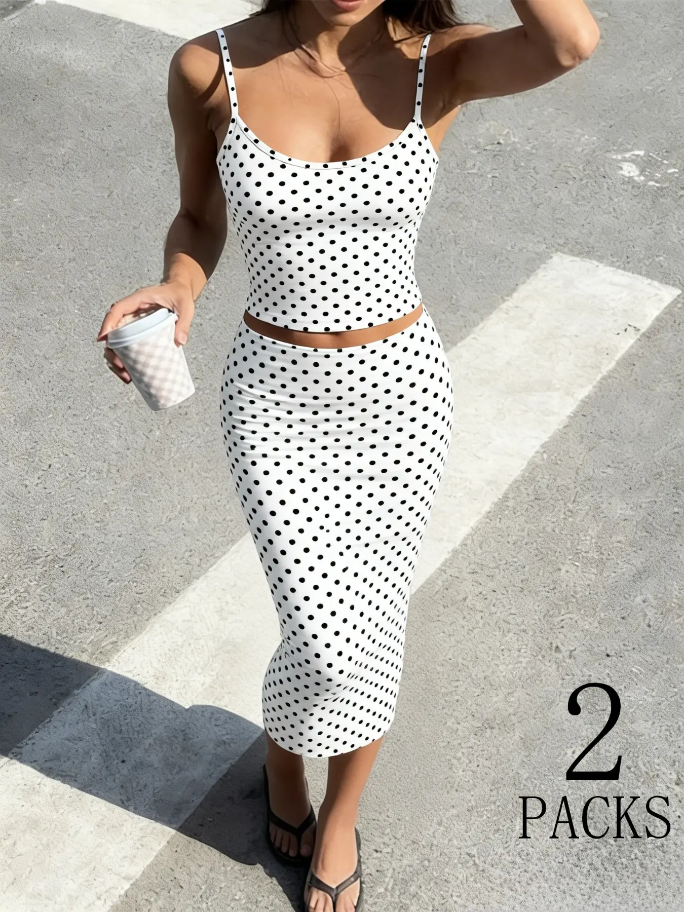 2-Pack Women's Polka Dot Two Piece Outfit, Spaghetti Strap Sleeveless Crop Top & Midi Skirt Set, Boho Bohemian Fashion Casual Streetwear, Summer Outfit Inspo Trendy Y2K Clothes for Teen Girls & Women, Going Out Matching Set for Party, Beach & Daily Wear