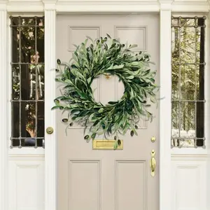 Artificial simulated olive leaf decoration wreath - Farmhouse-style artificial olive branch wreath suitable for doors, indoor and outdoor windows - Outdoor garden decoration and all-year-round home decoration.