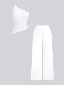 Two-Piece Set Summer Women's Asymmetrical Ruffled Neck Knotted Shoulder Top & Wide Leg Pants Set, Casual Fashion, Slim Fit, Moderate Fabric, Womenswear