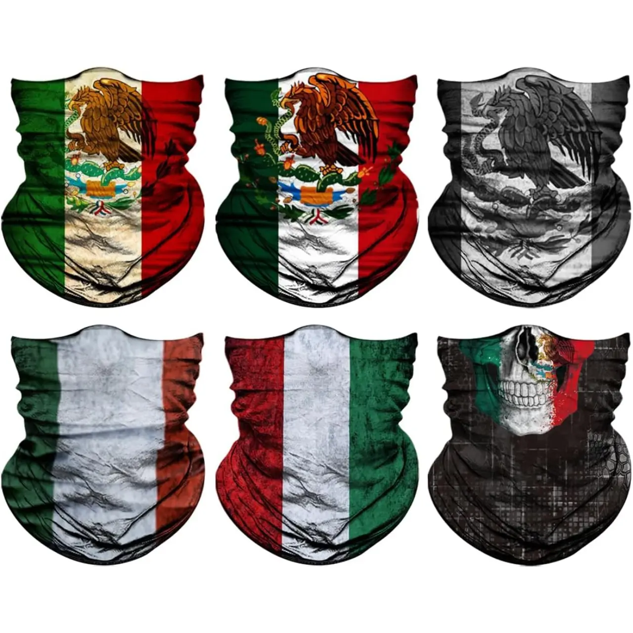 6 Pack Mexico Flag Neck Gaiter Face Mask Skull Face Cover Head Wrap Bandana Headband Scarf Balaclava Headwear