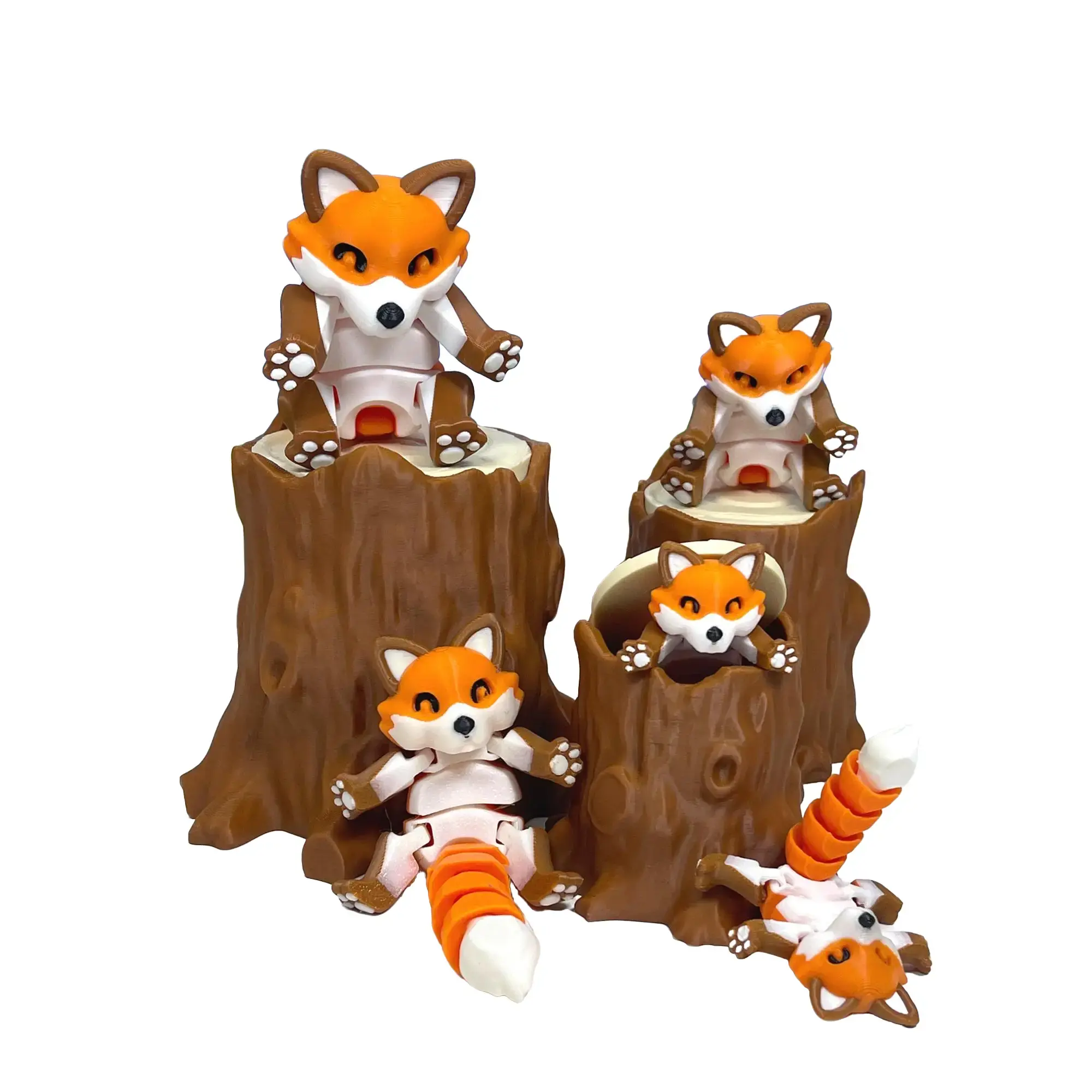 Articulated Orange Fox, 3D Printed Articulated Fox, Posable Fox Fidget Toy, Fox Desk Toy with Tree Stump FOX001